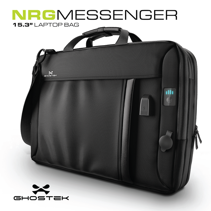 Ghostek NRGmessenger Series 8.5L || Computer Laptop Messenger Bag + 16,000mAh Battery Power Bank with 2 USB Ports | Water Resistant (Color in image: Black)