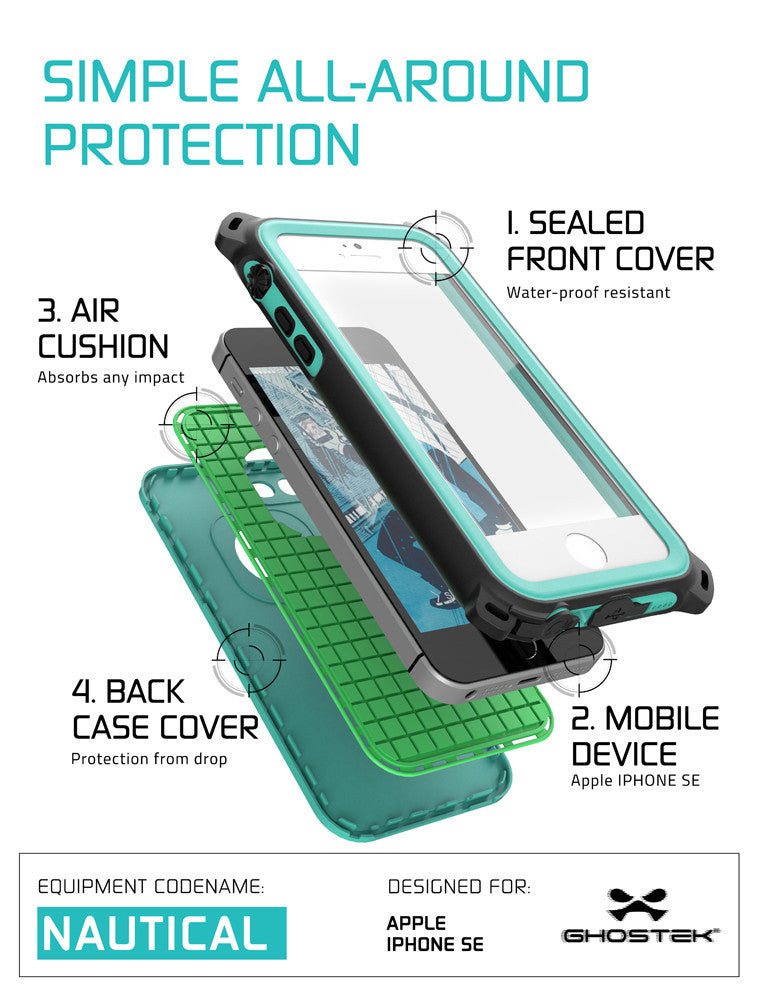 iPhone SE/5S/5 Waterproof Case, Ghostek® Nautical  Teal Series| Underwater | Aluminum Frame | Ultra Fit (Color in image: Black)