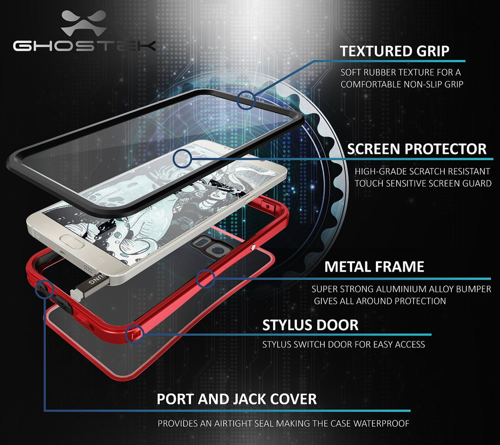 Note 5 Waterproof Case, Ghostek® Atomic 2.0 Series Red for Samsung Galaxy Note 5 | Aluminum Frame (Color in image: Silver)