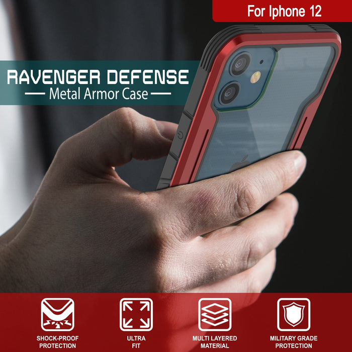 Punkcase iPhone 12 ravenger Case Protective Military Grade Multilayer Cover [Red] (Color in image: Black)