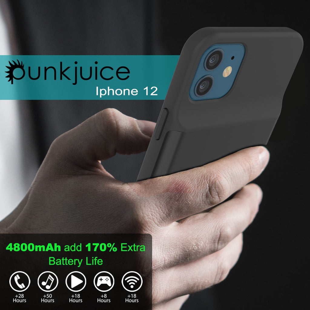 iPhone 12 Battery Case, PunkJuice 4800mAH Fast Charging Power Bank W/ Screen Protector | [Black] (Color in image: gold)