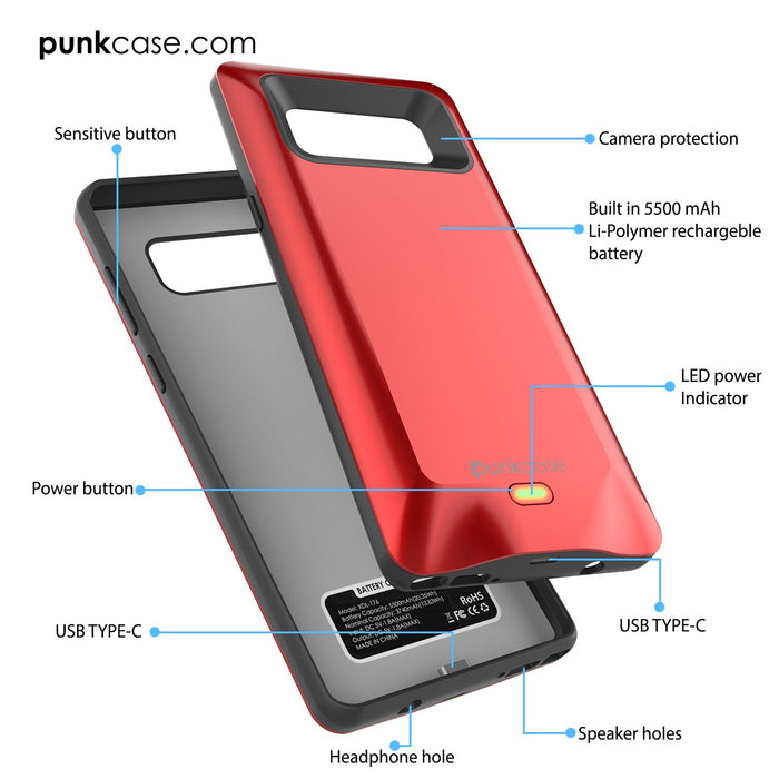 Galaxy Note 8 Battery Case, Punkcase 5000mAH Charger Case W/ Screen Protector | Integrated USB Port | IntelSwitch [Red] (Color in image: Blue)