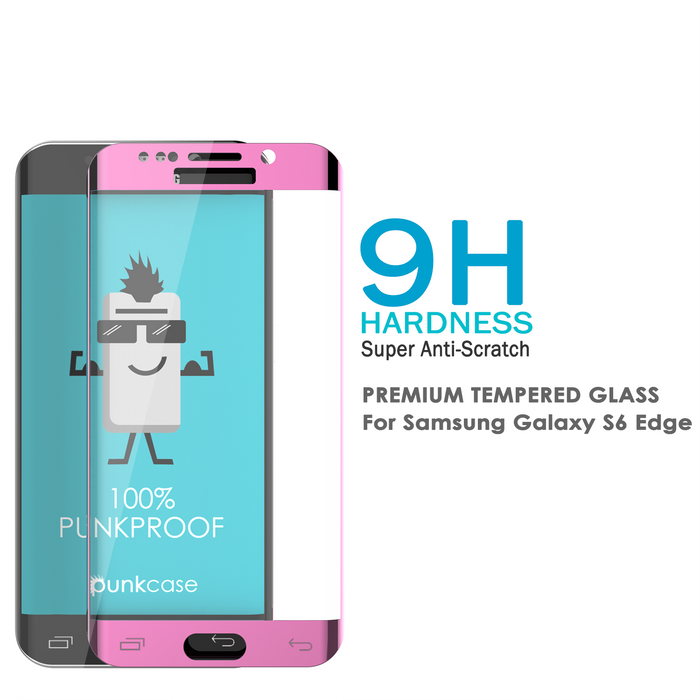 Galaxy S6 Edge Pink Tempered Glass Screen Protector, PUNKSHIELD \0.33mm Thick 9H Glass (Color in image: White)