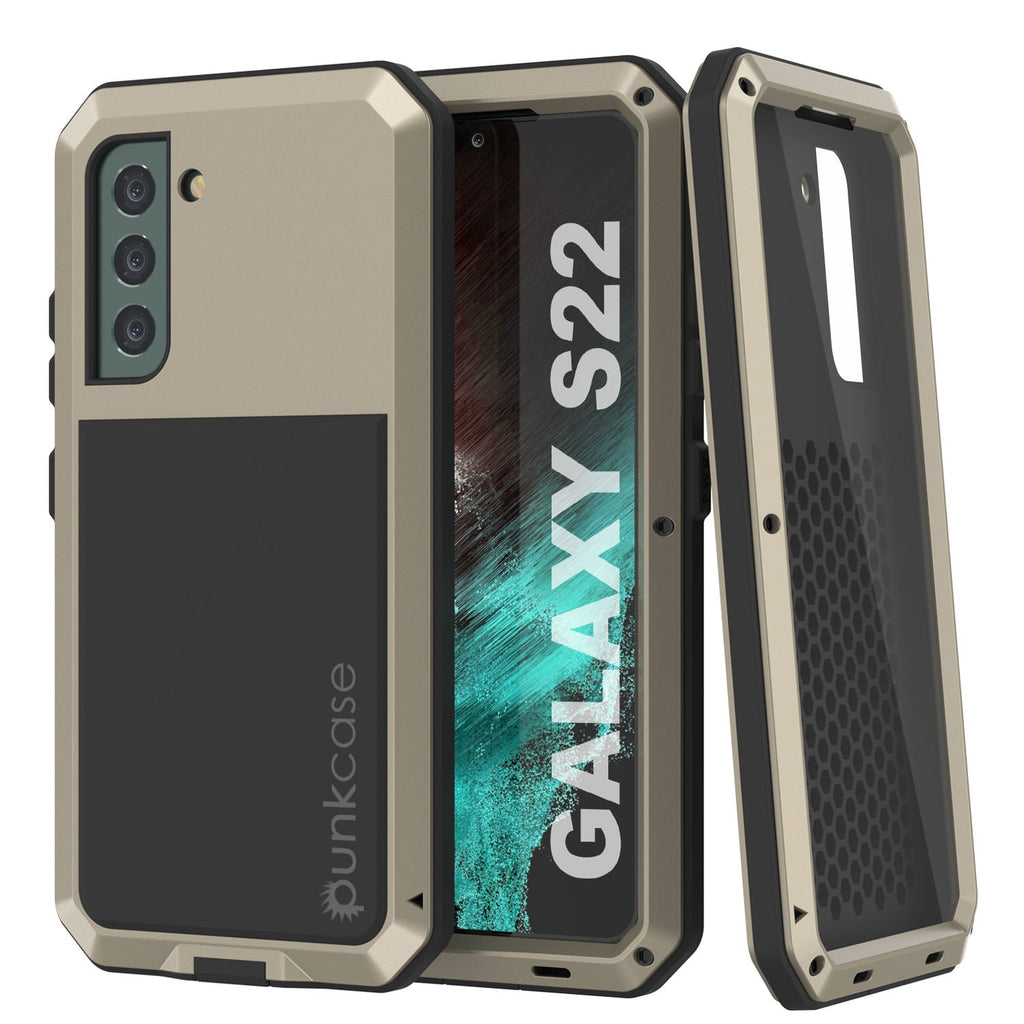Galaxy S22 Metal Case, Heavy Duty Military Grade Rugged Armor Cover [Gold] (Color in image: Gold)