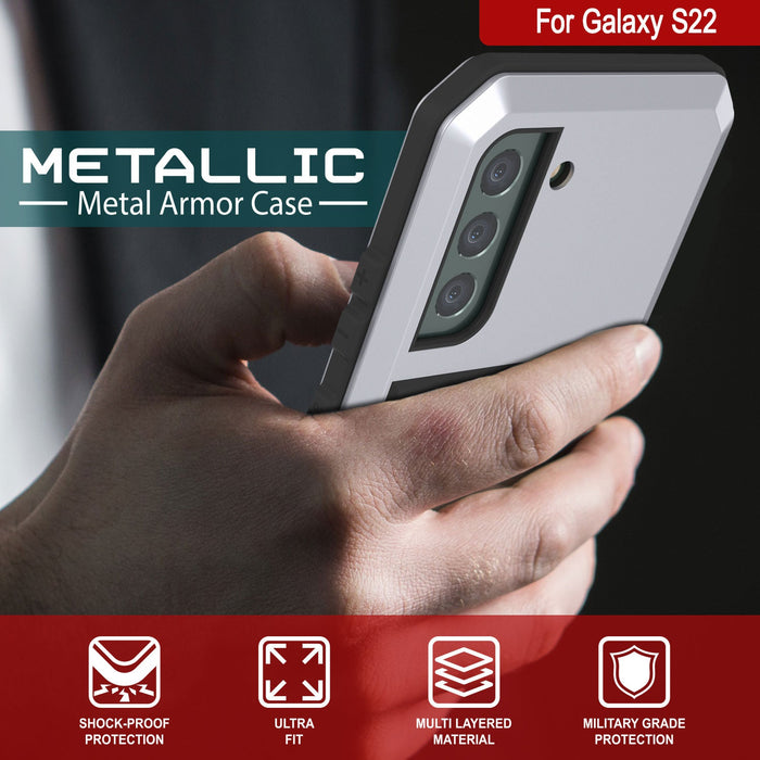Galaxy S22 Metal Case, Heavy Duty Military Grade Rugged Armor Cover [White] (Color in image: Gold)