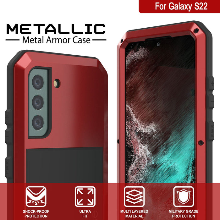 Galaxy S22 Metal Case, Heavy Duty Military Grade Rugged Armor Cover [Red] (Color in image: Neon)