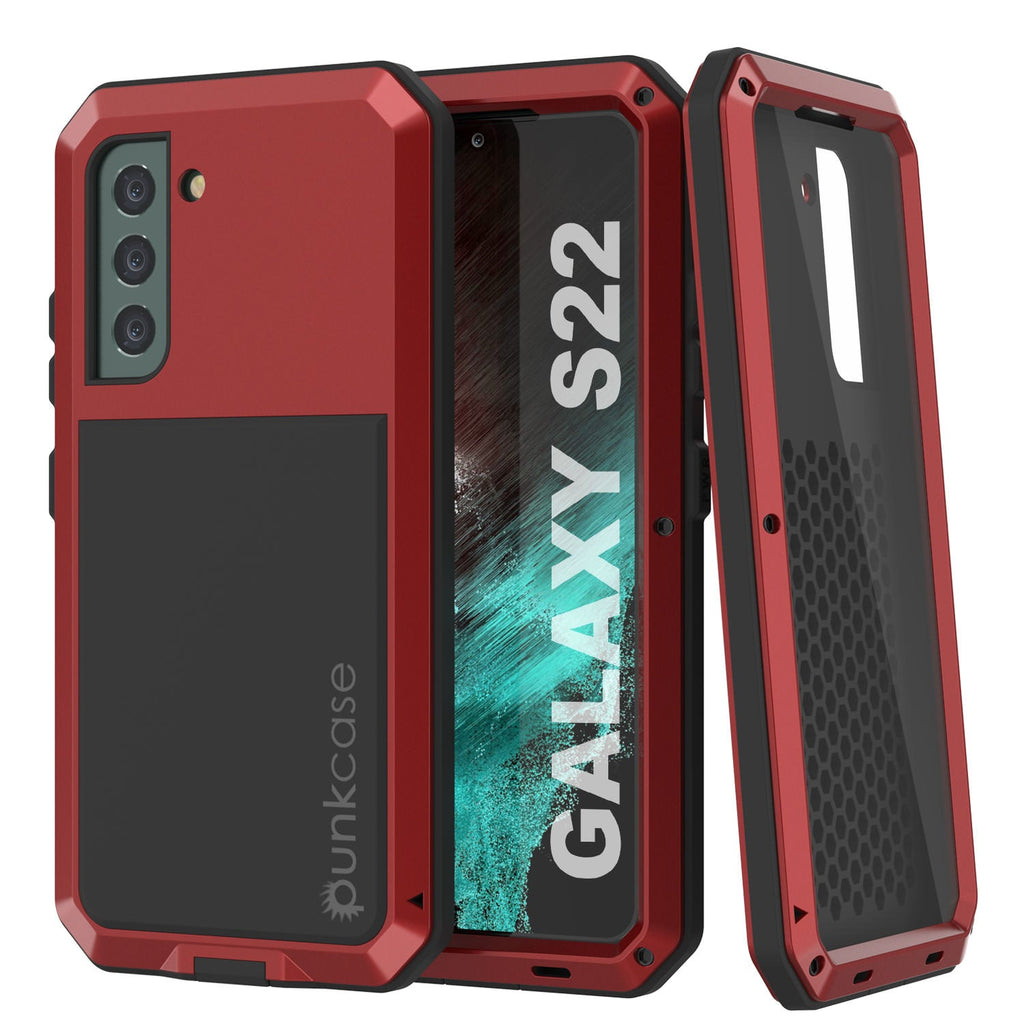 Galaxy S22 Metal Case, Heavy Duty Military Grade Rugged Armor Cover [Red] (Color in image: Red)