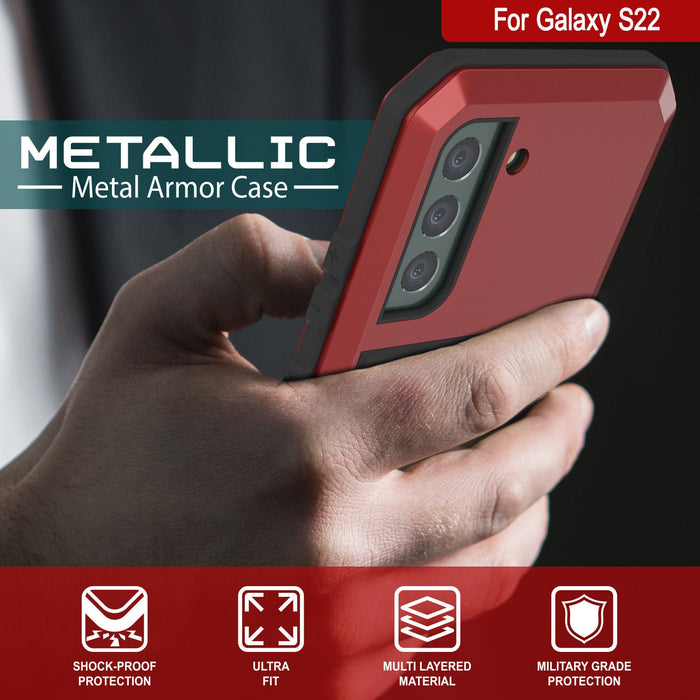 Galaxy S22 Metal Case, Heavy Duty Military Grade Rugged Armor Cover [Red] (Color in image: White)