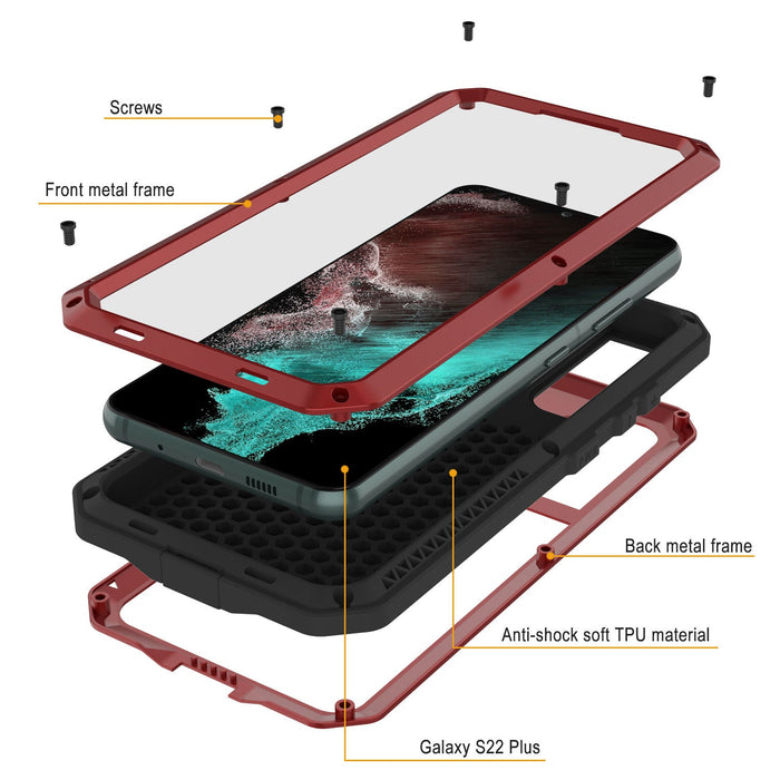 Galaxy S22+ Plus Metal Case, Heavy Duty Military Grade Rugged Armor Cover [Red] (Color in image: Silver)