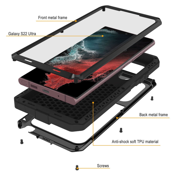 Galaxy S22 Ultra Metal Case, Heavy Duty Military Grade Rugged Armor Cover [Black] (Color in image: Silver)