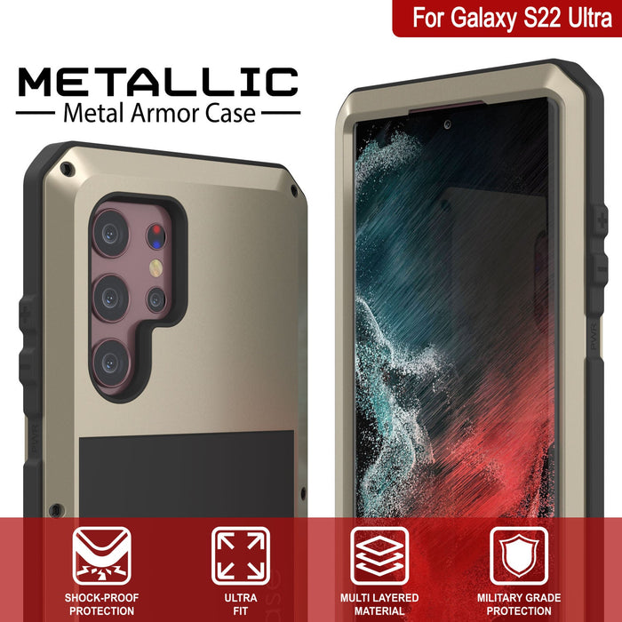 Galaxy S22 Ultra Metal Case, Heavy Duty Military Grade Rugged Armor Cover [Gold] (Color in image: Neon)