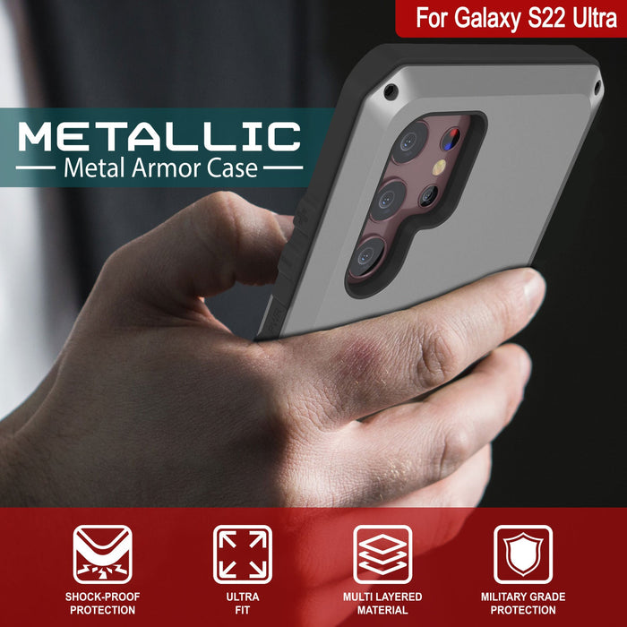 Galaxy S22 Ultra Metal Case, Heavy Duty Military Grade Rugged Armor Cover [Silver] (Color in image: White)