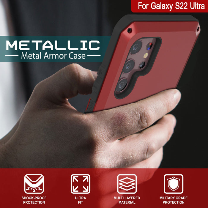 Galaxy S22 Ultra Metal Case, Heavy Duty Military Grade Rugged Armor Cover [Red] (Color in image: White)