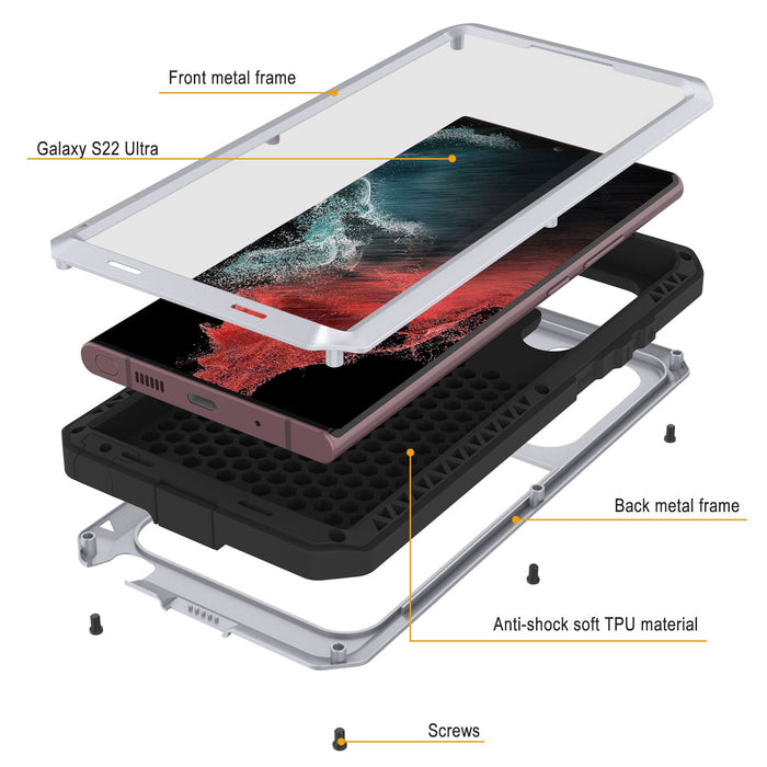 Galaxy S22 Ultra Metal Case, Heavy Duty Military Grade Rugged Armor Cover [White] (Color in image: Silver)