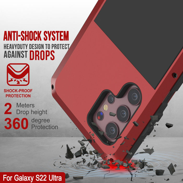 Galaxy S22 Ultra Metal Case, Heavy Duty Military Grade Rugged Armor Cover [Red] (Color in image: Black)