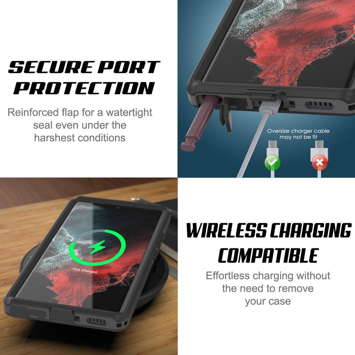 SECURE PORT PROTECTION Reinforced flap for a watertight seal even under the c L Oversize charger cable harshest conditions a ero WIRELESS CHARGING COMPATIBLE Effortless charging without the need to remove your case (Color in image: black)