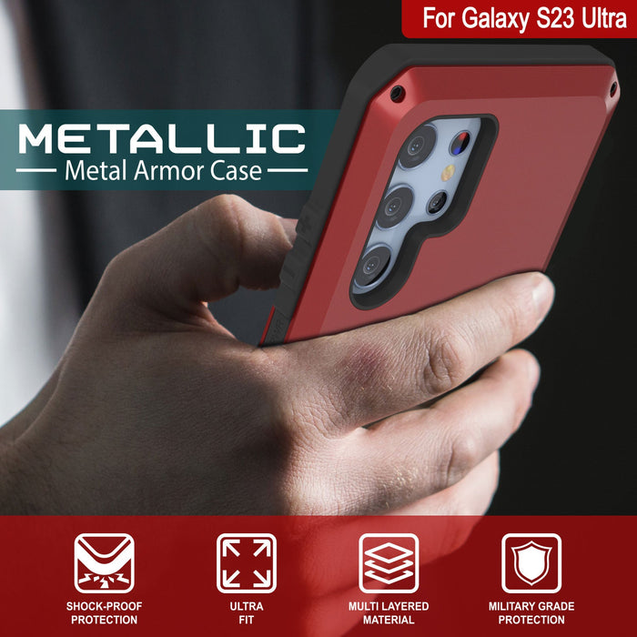 Galaxy S23 Ultra Metal Case, Heavy Duty Military Grade Armor Cover [shock proof] Full Body Hard [Red]