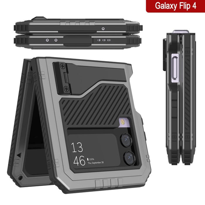 Galaxy Z Flip4 Metal Case, Heavy Duty Military Grade Armor Cover Full Body Hard [Silver]