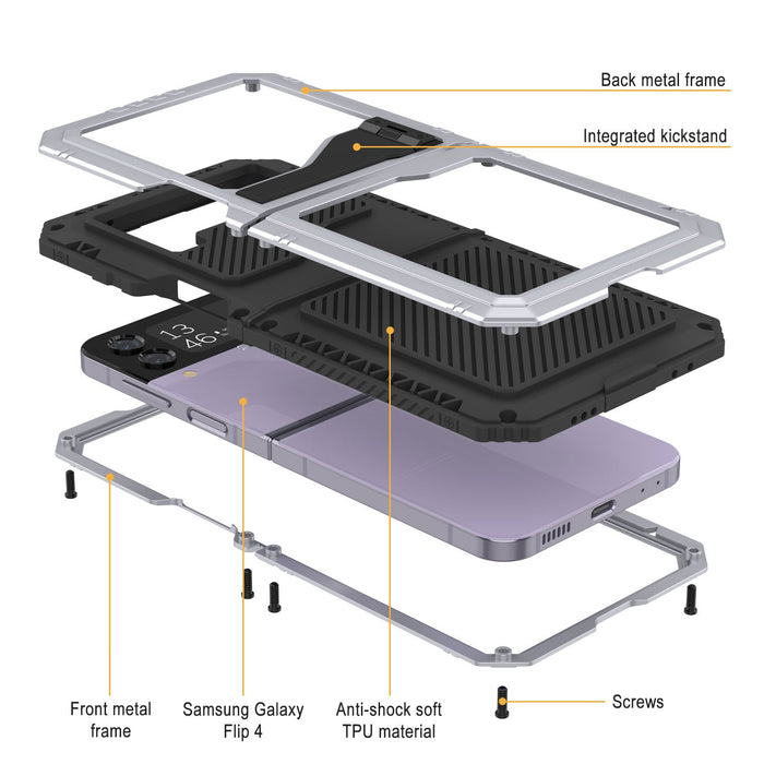 Galaxy Z Flip4 Metal Case, Heavy Duty Military Grade Armor Cover Full Body Hard [White]