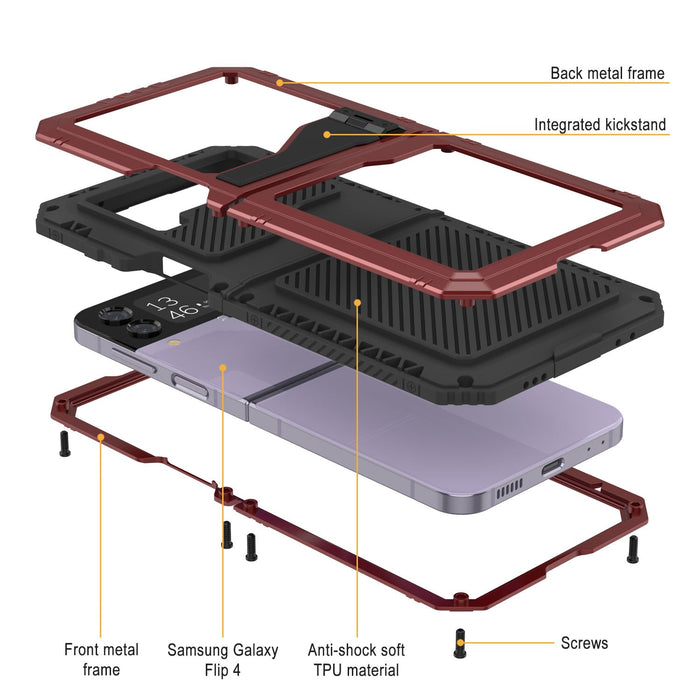 Galaxy Z Flip4 Metal Case, Heavy Duty Military Grade Armor Cover Full Body Hard [Red]