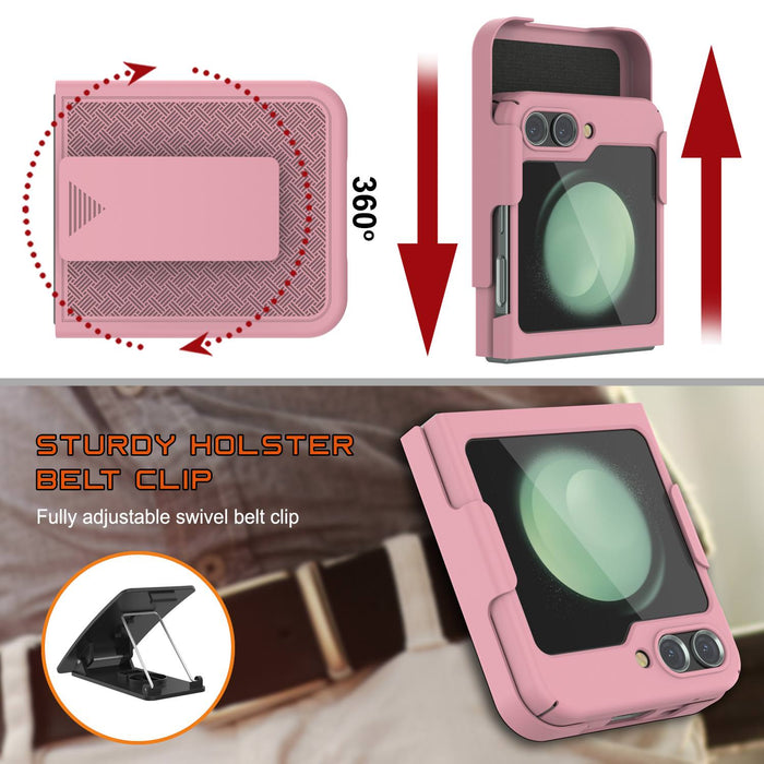 Galaxy Z Flip5 Case With Tempered Glass Screen Protector, Holster Belt Clip & Built-In Kickstand [Pink]