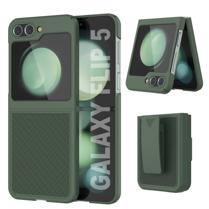 Galaxy Z Flip5 Case With Tempered Glass Screen Protector, Holster Belt Clip & Built-In Kickstand [Green]