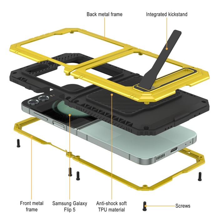 Galaxy Z Flip5 Metal Case, Heavy Duty Military Grade Armor Cover Full Body Hard [Neon]