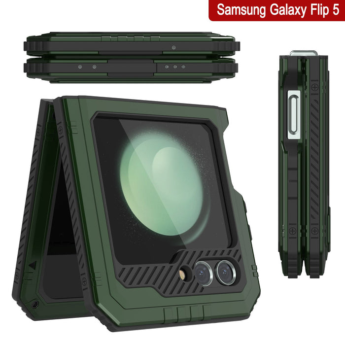 Galaxy Z Flip5 Metal Case, Heavy Duty Military Grade Armor Cover Full Body Hard [Dark Green]