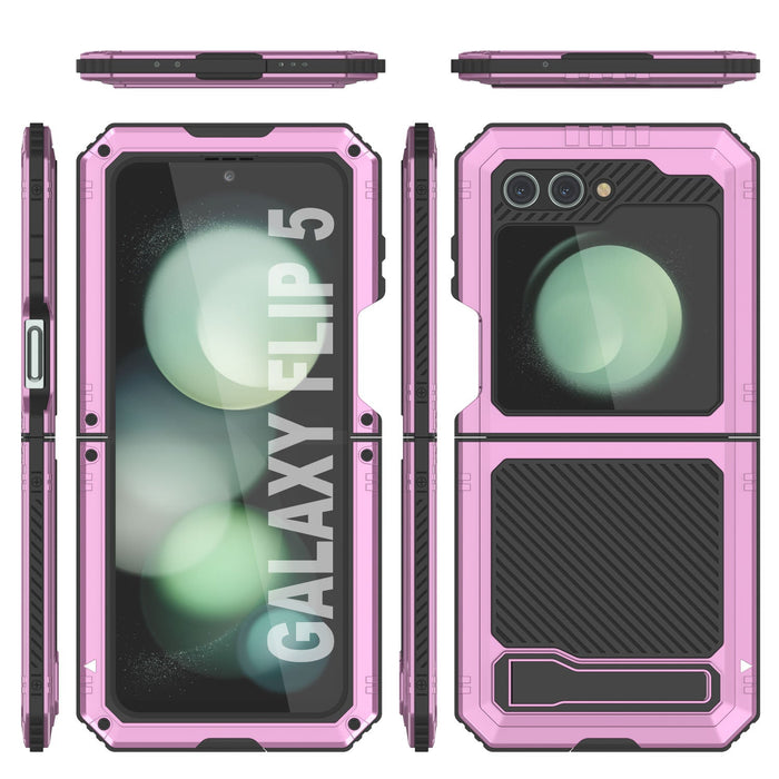 Galaxy Z Flip5 Metal Case, Heavy Duty Military Grade Armor Cover Full Body Hard [Pink]