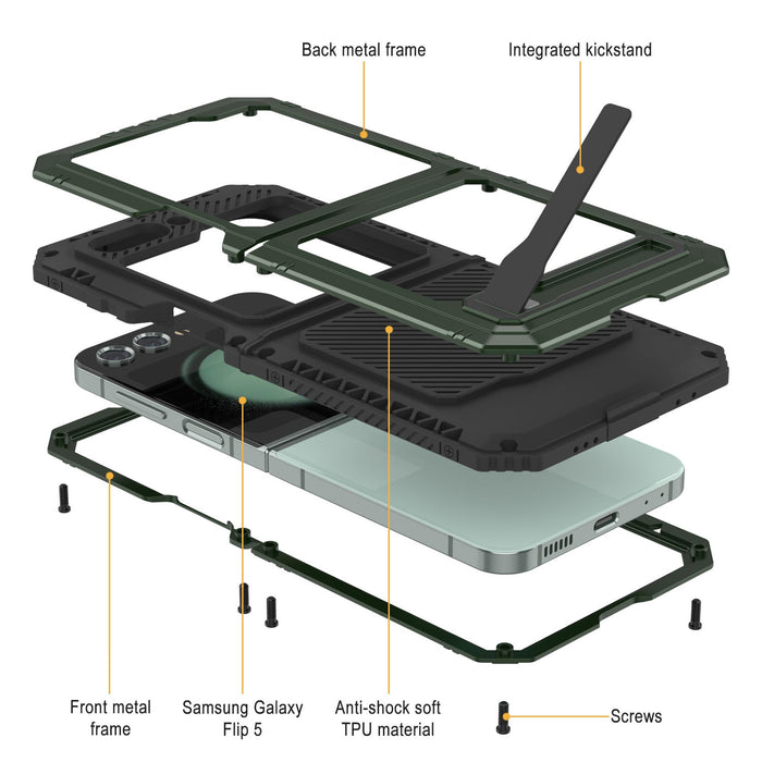 Galaxy Z Flip5 Metal Case, Heavy Duty Military Grade Armor Cover Full Body Hard [Dark Green]