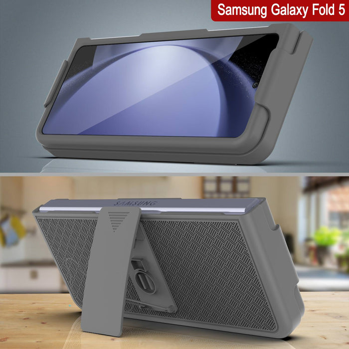 Galaxy Z Fold5 Case With Tempered Glass Screen Protector, Holster Belt Clip & Built-In Kickstand [Grey]