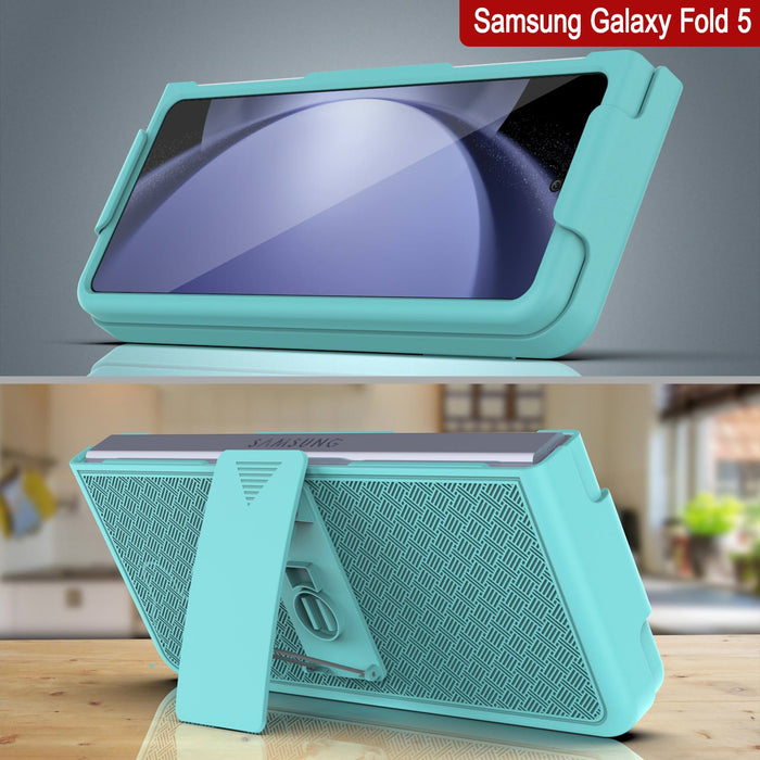 Galaxy Z Fold5 Case With Tempered Glass Screen Protector, Holster Belt Clip & Built-In Kickstand [Teal]