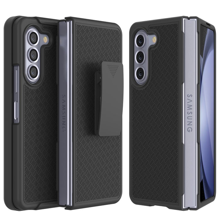 Galaxy Z Fold5 Case With Tempered Glass Screen Protector, Holster Belt Clip & Built-In Kickstand [Black]