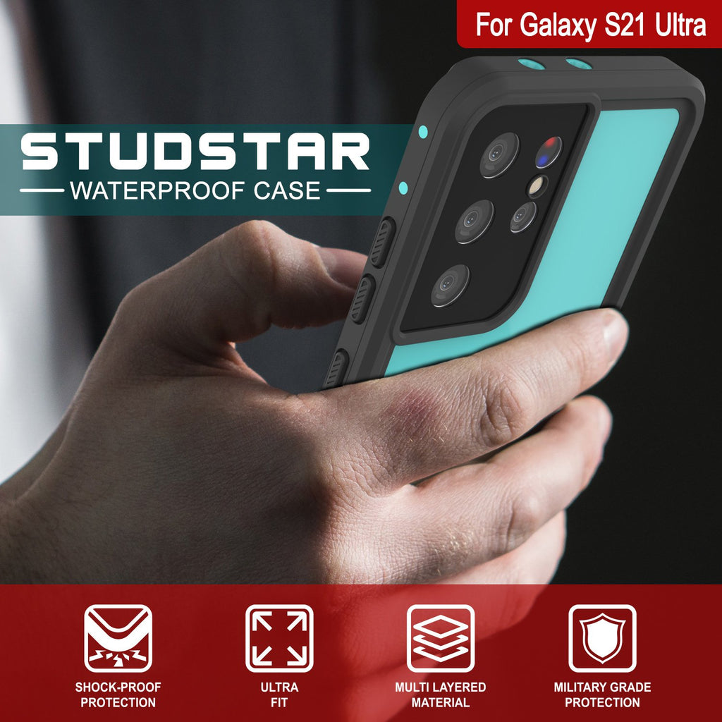 Galaxy S21 Ultra Waterproof Case PunkCase StudStar Teal Thin 6.6ft Underwater IP68 Shock/Snow Proof (Color in image: light blue)