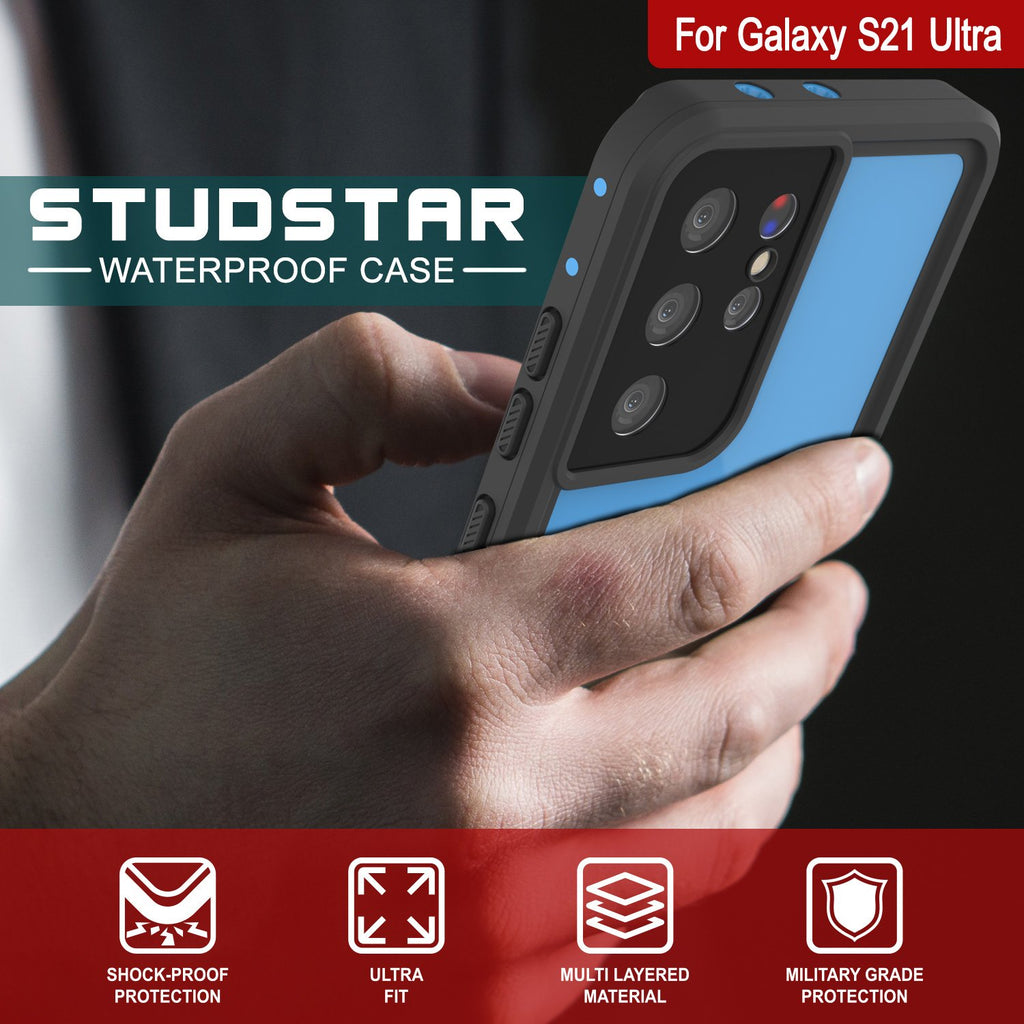 Galaxy S21 Ultra Waterproof Case PunkCase StudStar Light Blue Thin 6.6ft Underwater IP68 ShockProof (Color in image: black)