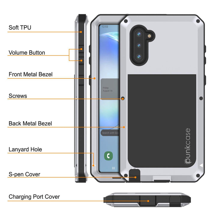 Galaxy Note 10  Case, PUNKcase Metallic White Shockproof  Slim Metal Armor Case [White] (Color in image: silver)