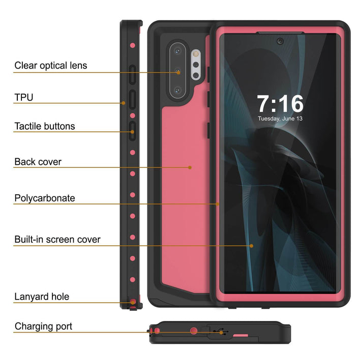 Galaxy Note 10+ Plus Waterproof Case, Punkcase Studstar Pink Thin Armor Cover (Color in image: clear)
