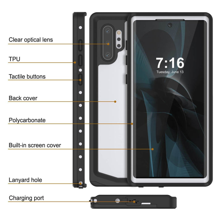 Galaxy Note 10+ Plus Waterproof Case, Punkcase Studstar White Thin Armor Cover (Color in image: clear)