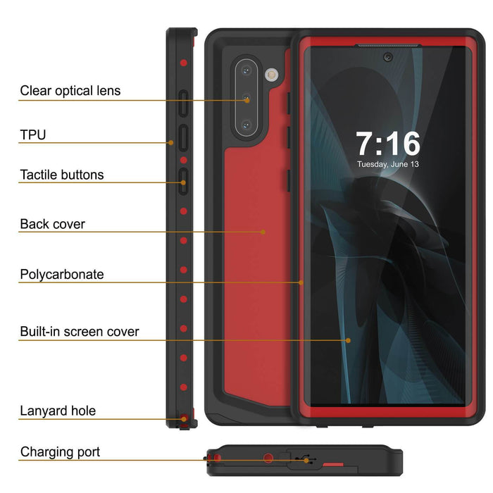 Galaxy Note 10 Waterproof Case, Punkcase Studstar Red Series Thin Armor Cover (Color in image: clear)