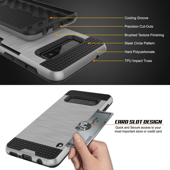 Galaxy S10 Case, PUNKcase [SLOT Series] [Slim Fit] Dual-Layer Armor Cover w/Integrated Anti-Shock System, Credit Card Slot [Silver] (Color in image: Black)