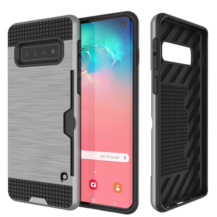 Galaxy S10 Case, PUNKcase [SLOT Series] [Slim Fit] Dual-Layer Armor Cover w/Integrated Anti-Shock System, Credit Card Slot [Silver] (Color in image: Silver)