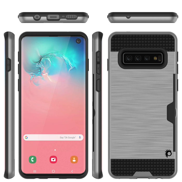 Galaxy S10 Case, PUNKcase [SLOT Series] [Slim Fit] Dual-Layer Armor Cover w/Integrated Anti-Shock System, Credit Card Slot [Silver] (Color in image: Navy)
