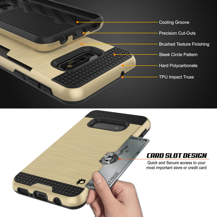 Galaxy S10e Case, PUNKcase [SLOT Series] [Slim Fit] Dual-Layer Armor Cover w/Integrated Anti-Shock System, Credit Card Slot [Gold] (Color in image: Black)