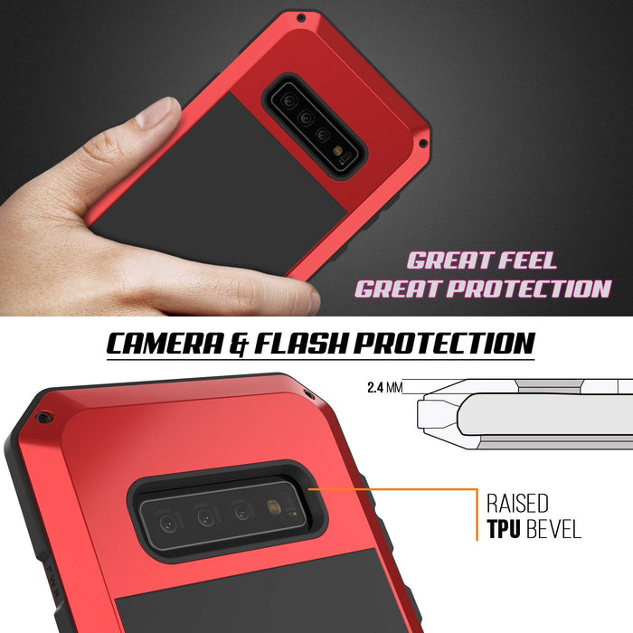 Galaxy S10 Metal Case, Heavy Duty Military Grade Rugged Armor Cover [Red] (Color in image: White)