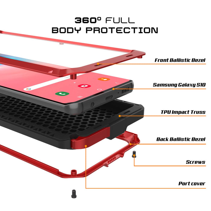 Galaxy S10 Metal Case, Heavy Duty Military Grade Rugged Armor Cover [Red] (Color in image: Silver)