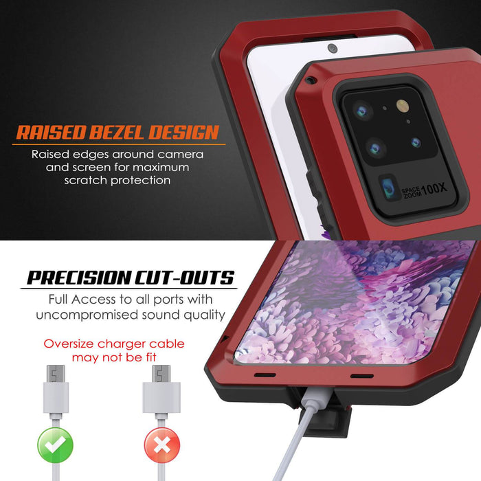 Galaxy S20 Ultra Metal Case, Heavy Duty Military Grade Rugged Armor Cover [Red] (Color in image: Silver)