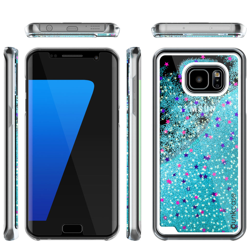 S7 Edge Case, Punkcase [Liquid Teal Series] Protective Dual Layer Floating Glitter Cover with lots of Bling & Sparkle + PunkShield Screen Protector (Color in image: pink)