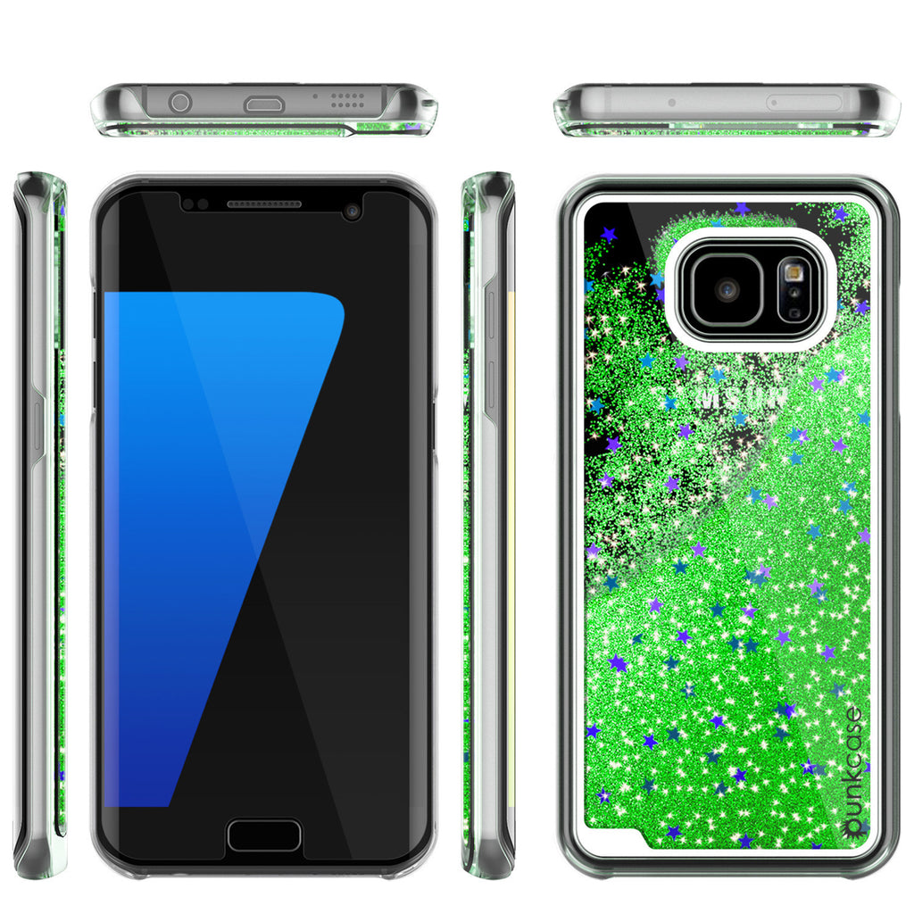 S7 Edge Case, PunkCase LIQUID Green Series, Protective Dual Layer Floating Glitter Cover (Color in image: gold)