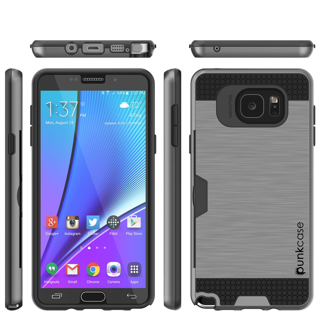 Galaxy Note 5 Case PunkCase SLOT Grey Series Slim Armor Soft Cover Case w/ Tempered Glass (Color in image: Silver)