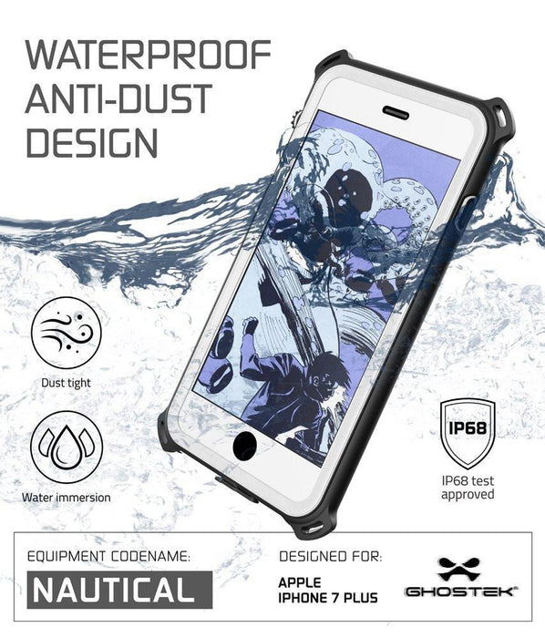 iPhone 8+ Plus Waterproof Case, Ghostek Nautical Series for iPhone 8+ Plus | Slim Underwater Protection | Adventure Duty | Swimming (White) (Color in image: Black)